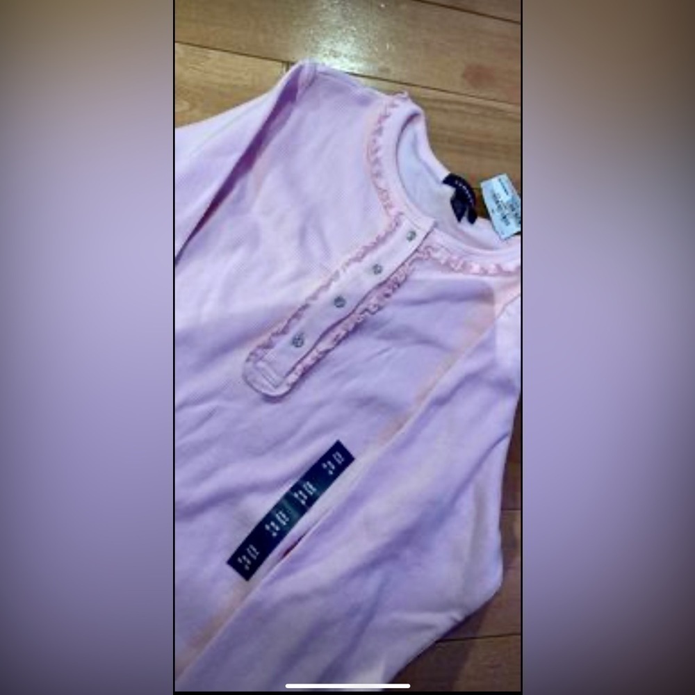 NWT Lands' End Girls Pink Ribbed Henley Top Ruffle Trim 10-12 M